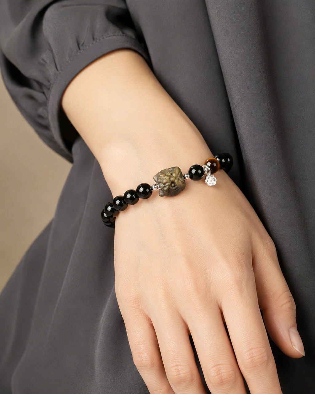 Gold Sheen Obsidian Lion Dance Head Tiger’s Eye Bracelet-Grounded Courage