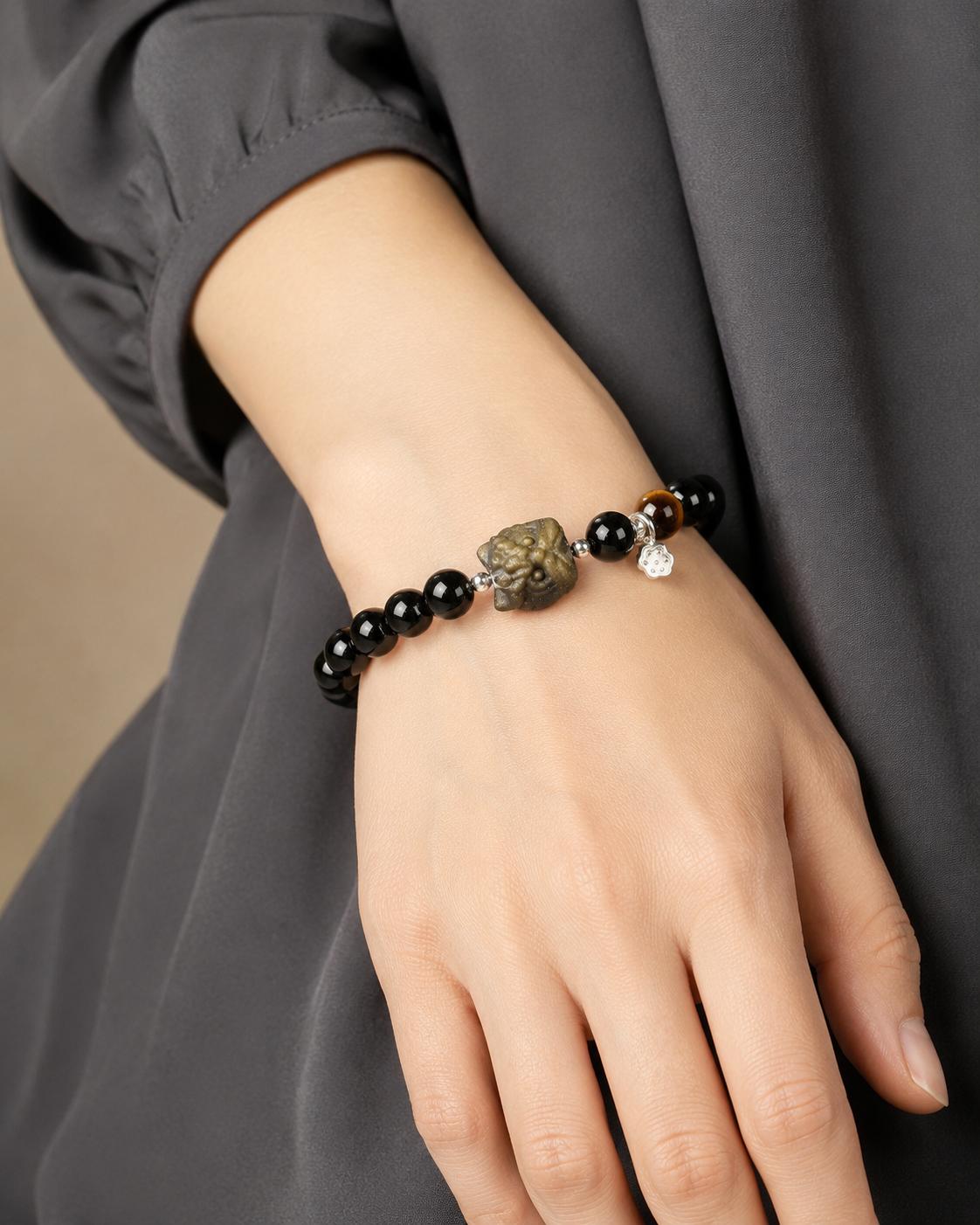 Gold Sheen Obsidian Lion Dance Head Tiger’s Eye Bracelet-Grounded Courage