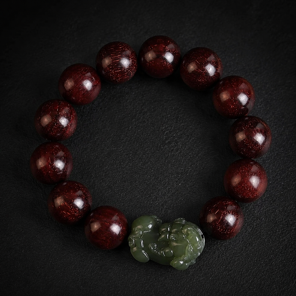 Green Jade Pixiu Sandalwood Bead Bracelet-Grounded Fortune