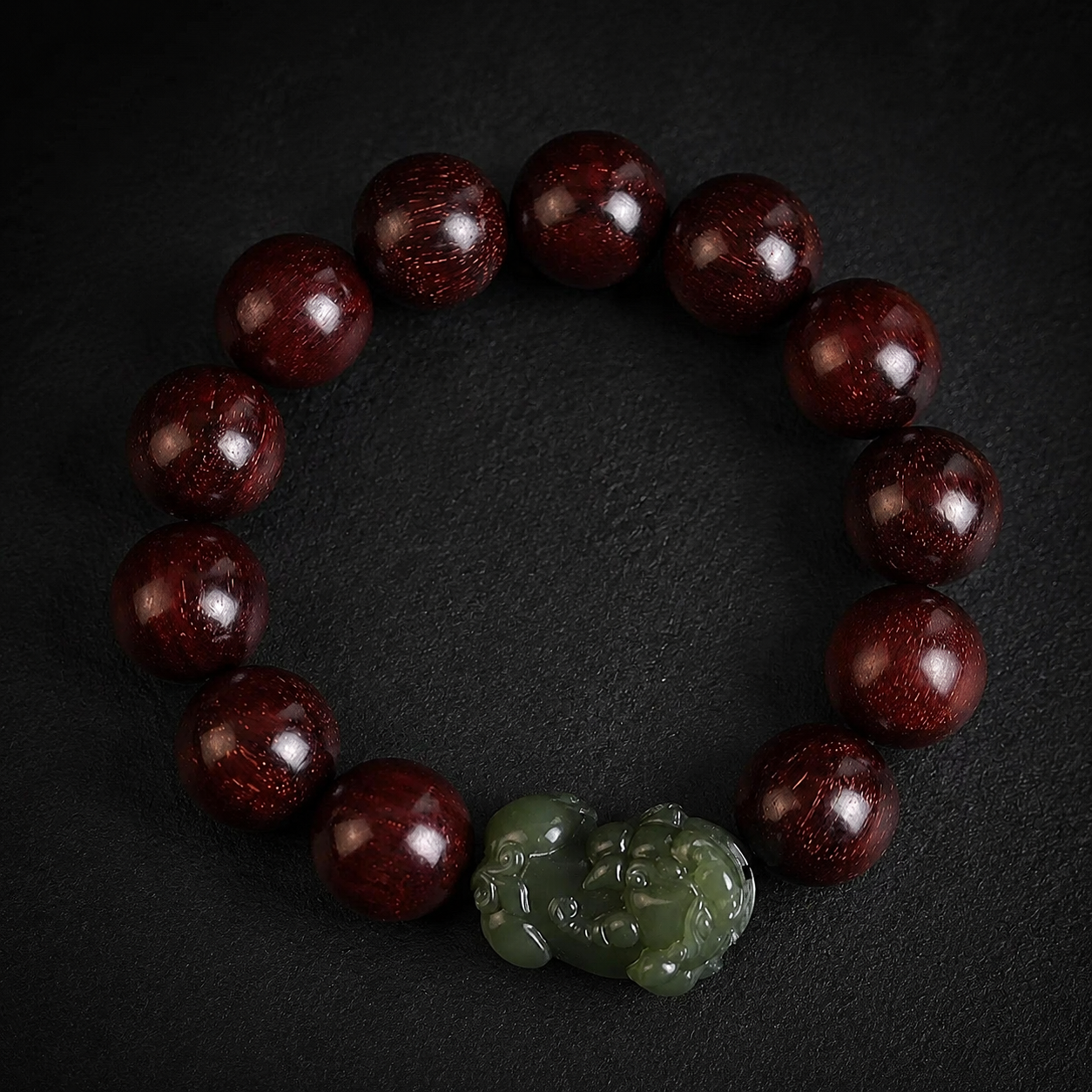 Green Jade Pixiu Sandalwood Bead Bracelet-Grounded Fortune