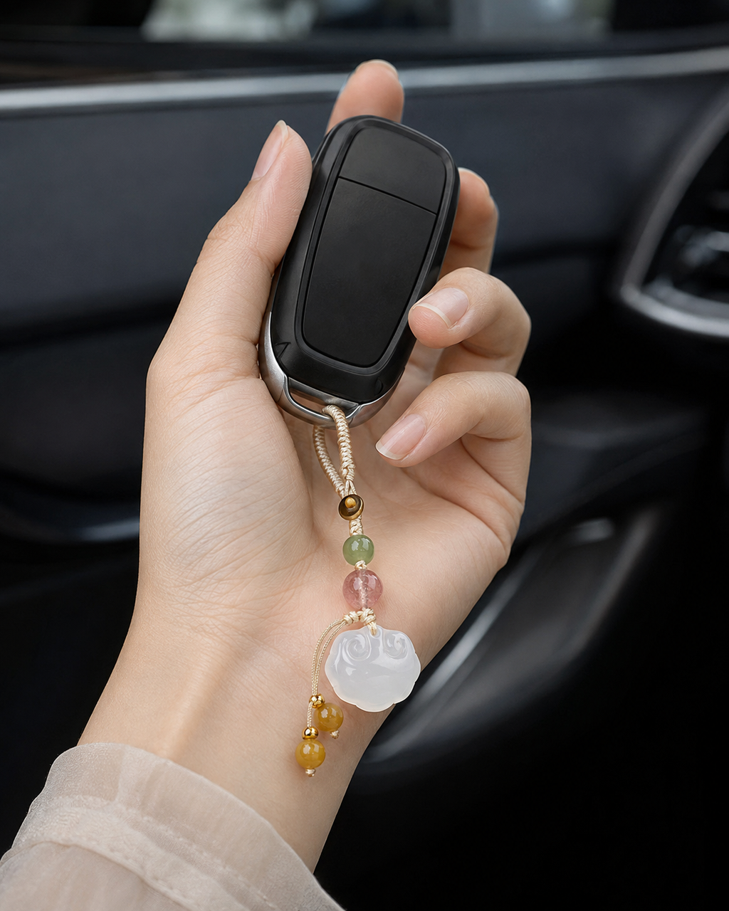 Peaceful Passage-White Jade Peace Lock Car Keychain