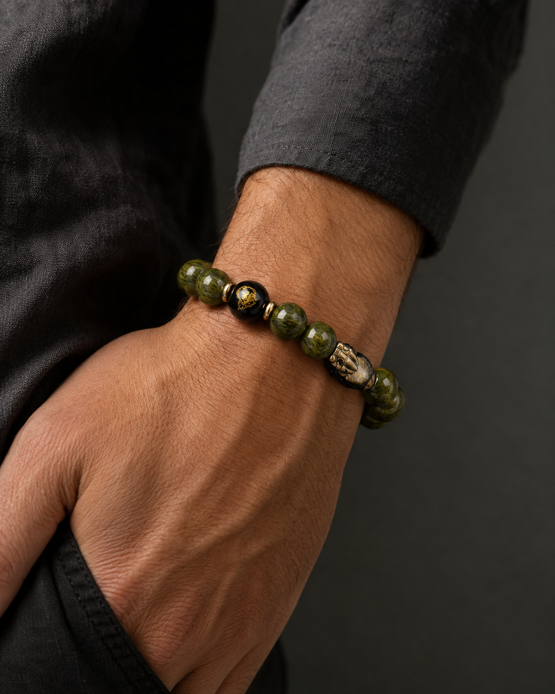 Gold Sheen Obsidian Pixiu Green Sandalwood Bracelet-Grounded Prosperity