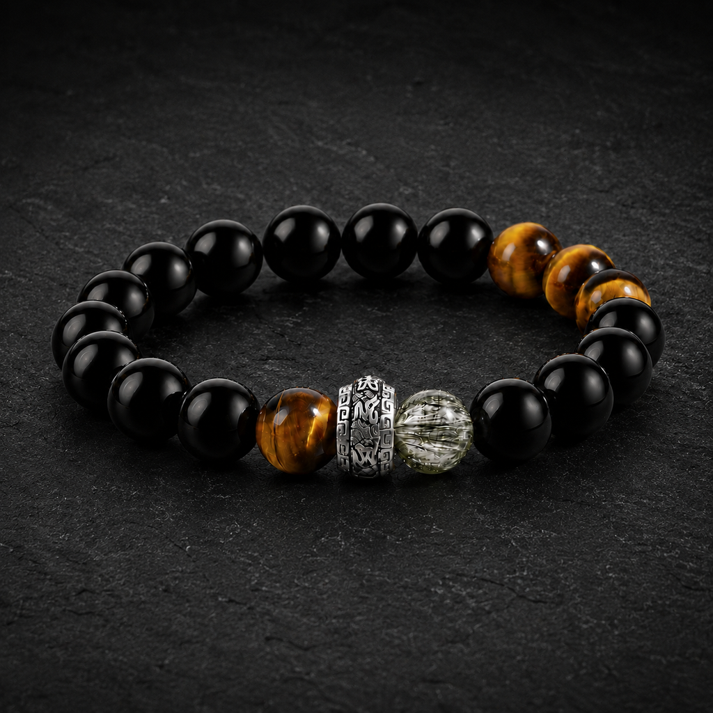 Six True Word Tiger's Eye and Black Obsidian Men's Bracelet-Steady Intention