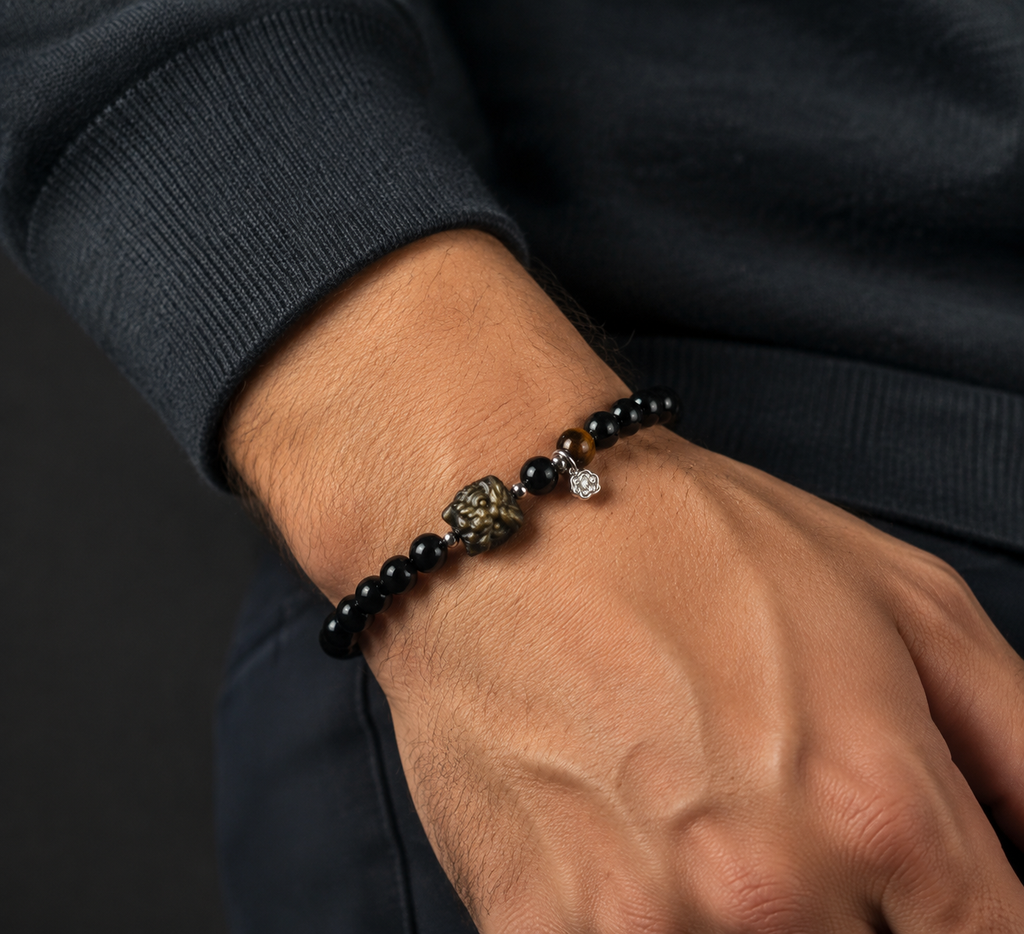 Gold Sheen Obsidian Lion Dance Head Tiger’s Eye Bracelet-Grounded Courage
