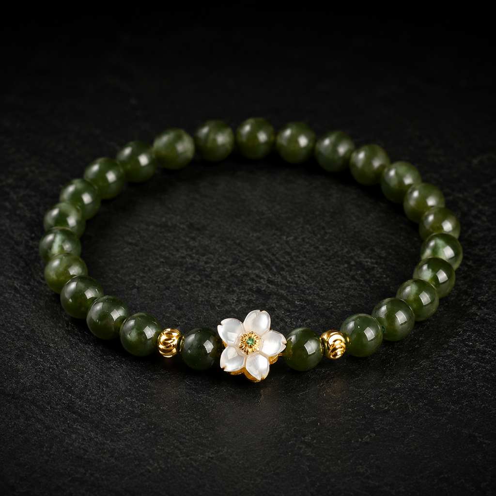 Nephrite Jade Bracelet with Mother-of-Pearl Flower-Grounded Elegance