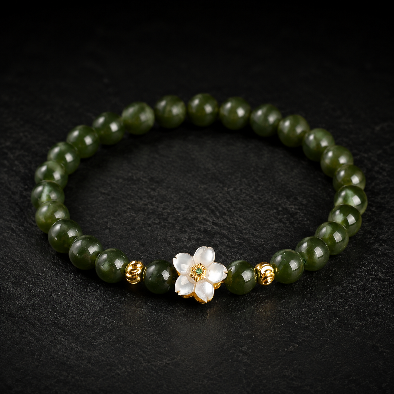 Nephrite Jade Bracelet with Mother-of-Pearl Flower-Grounded Elegance