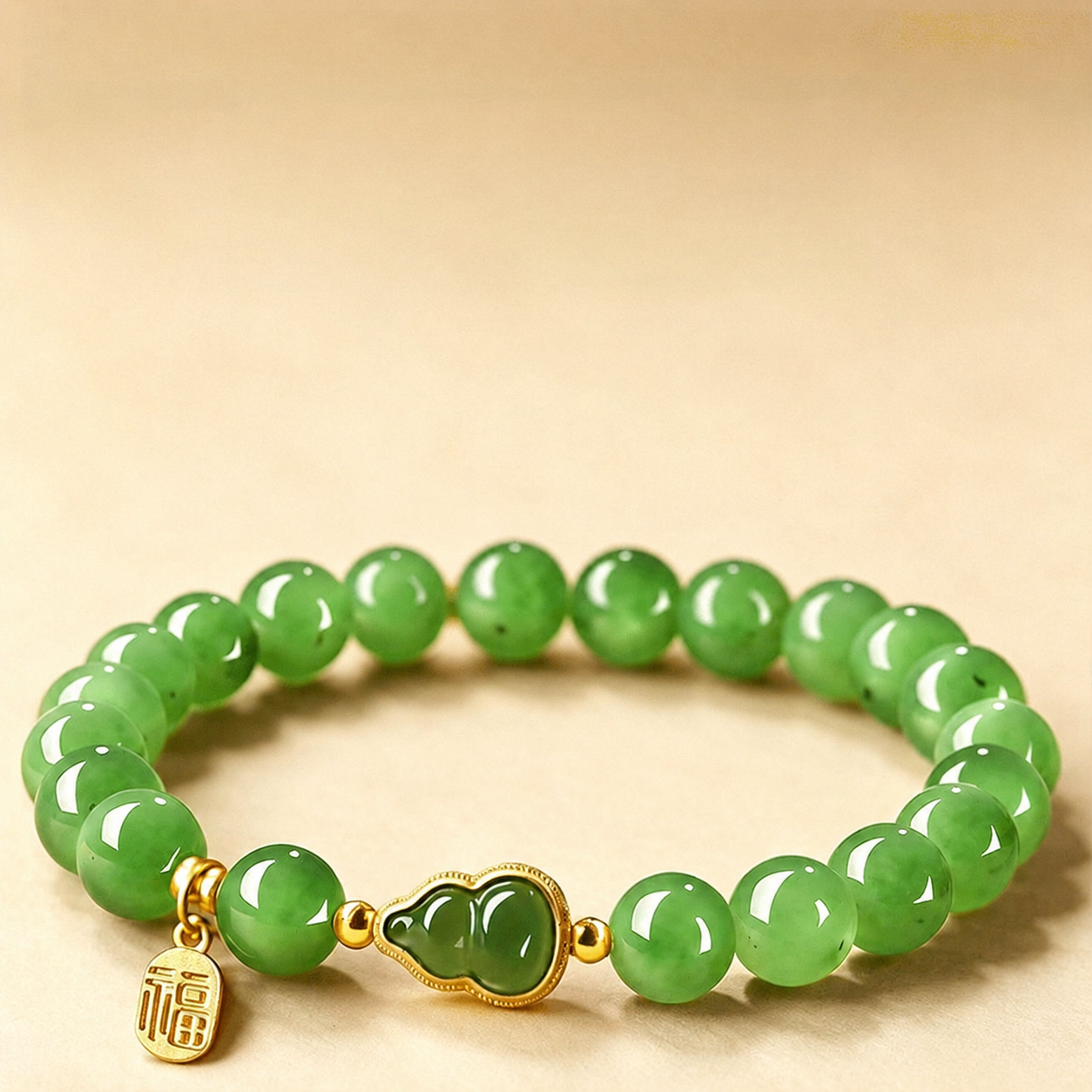 Natural Nephrite Jade Gourd & Fu Plaque Bracelet-Grounded Harmony