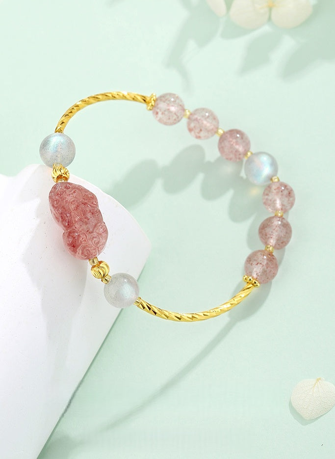 Strawberry Quartz Pixiu & Moonstone Bracelet–Fortune, Love & Emotional Harmony