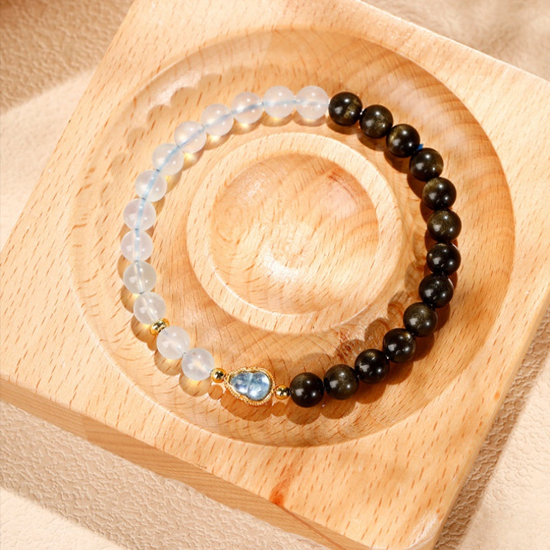 Clarity in Motion-Gold Obsidian Aquamarine Gourd Bracelet