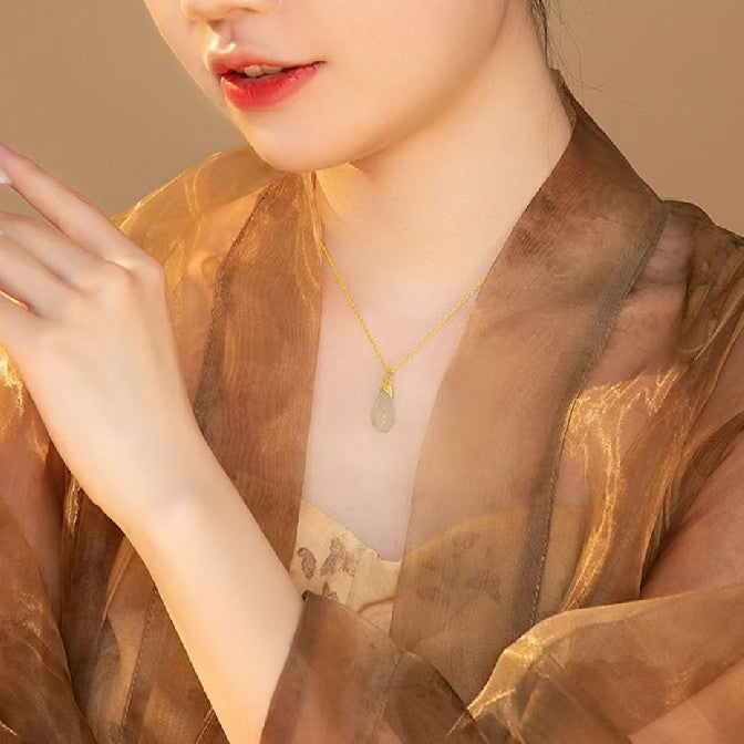 Gold Branch Jade Magnolia Pendant Necklace- wealth and prosperity