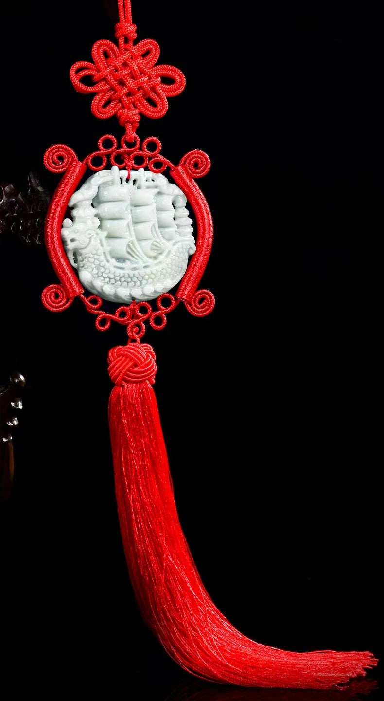 Jade Dragon Boat Car Hanging Ornament – Safe Journey & Success Charm with Red Tassel