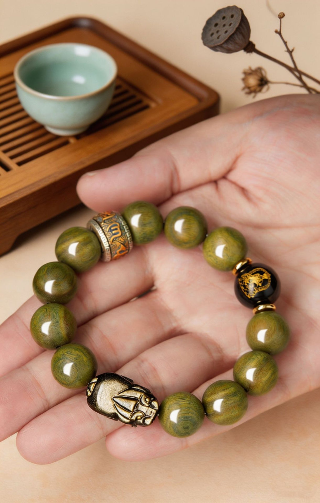 Gold Sheen Obsidian Pixiu Green Sandalwood Bracelet-Grounded Prosperity