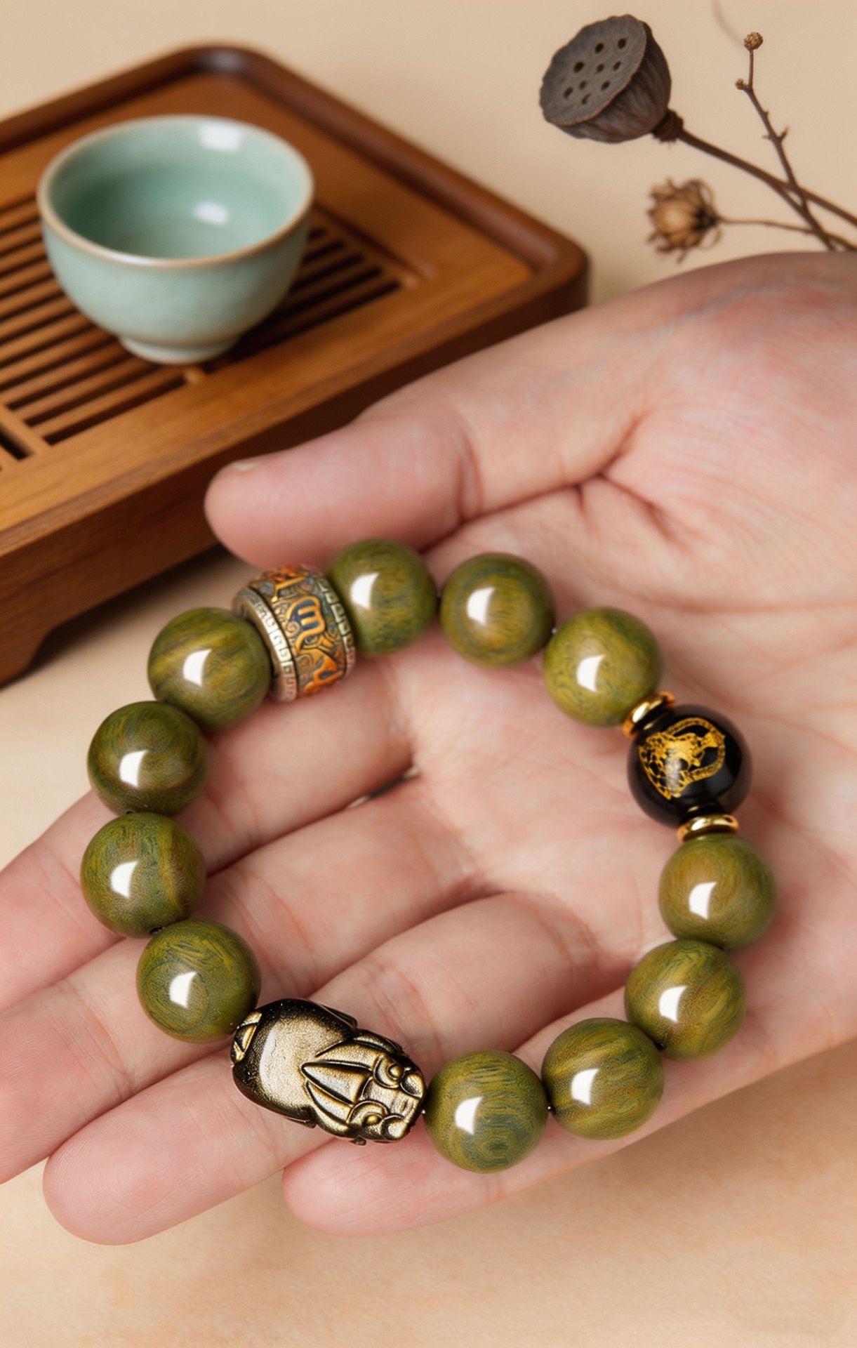 Gold Sheen Obsidian Pixiu Green Sandalwood Bracelet-Grounded Prosperity