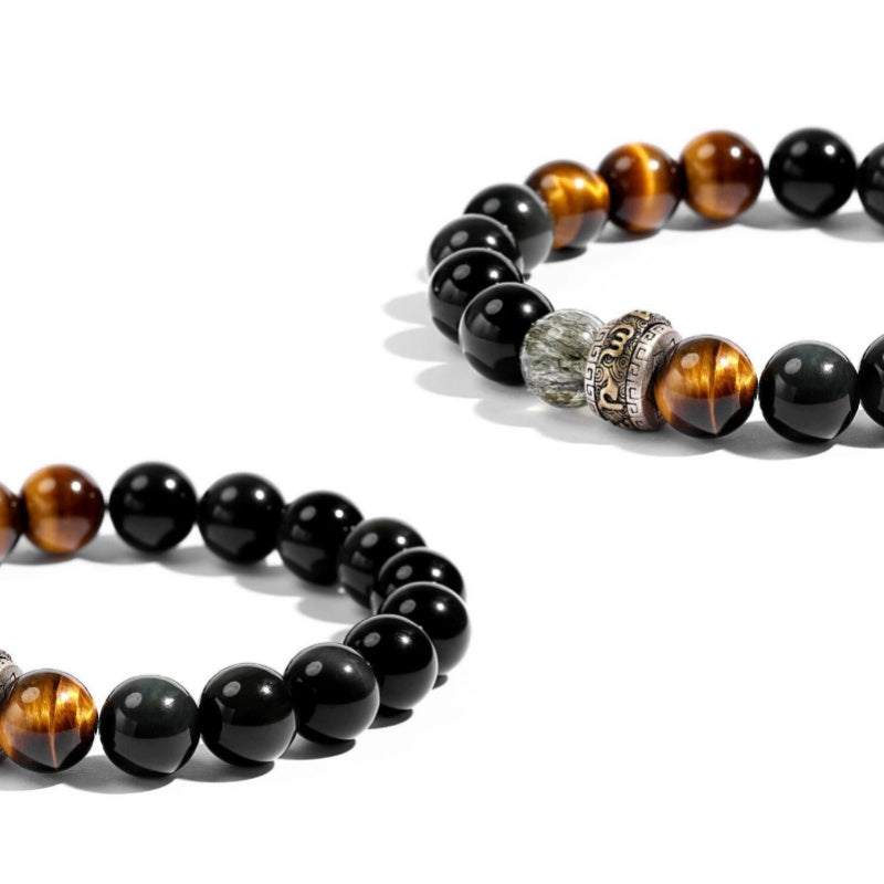 Six True Word Tiger's Eye and Black Obsidian Men's Bracelet-Steady Intention