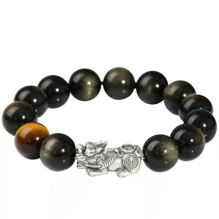 999 Silver Pixiu Gold Obsidian Bracelet-Attract Luck