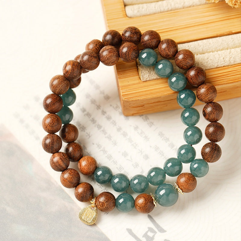 Sandalwood Blue Jadeite Double-Wrap Bracelet-Grounded Clarity