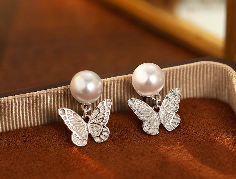 Ethereal Butterfly Pearl Silver Stud Earrings