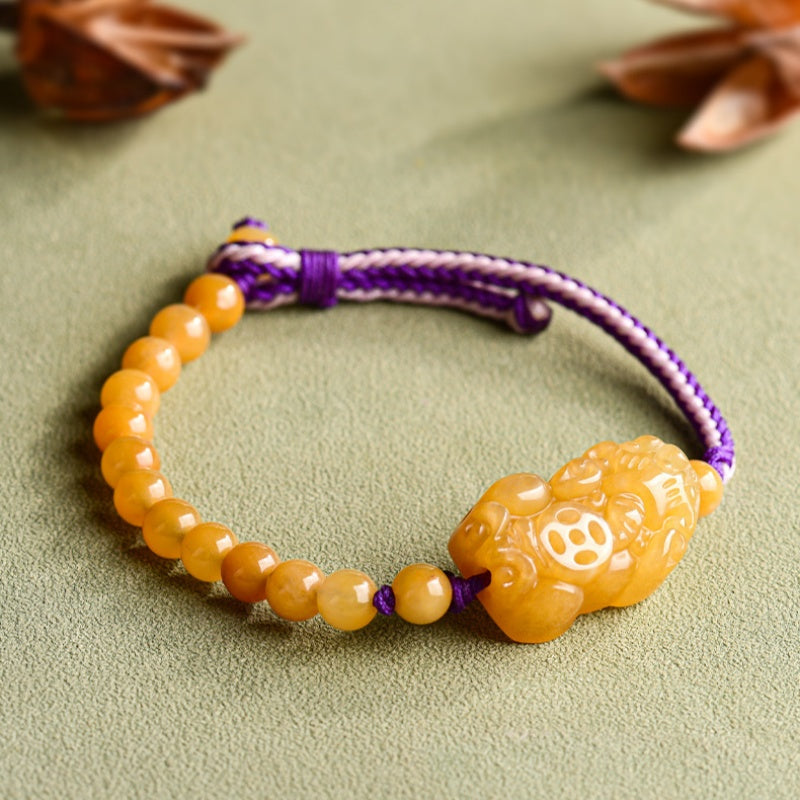 Natural Golden Silk Jade PiXiu Prosperity Hand-Woven Bracelet