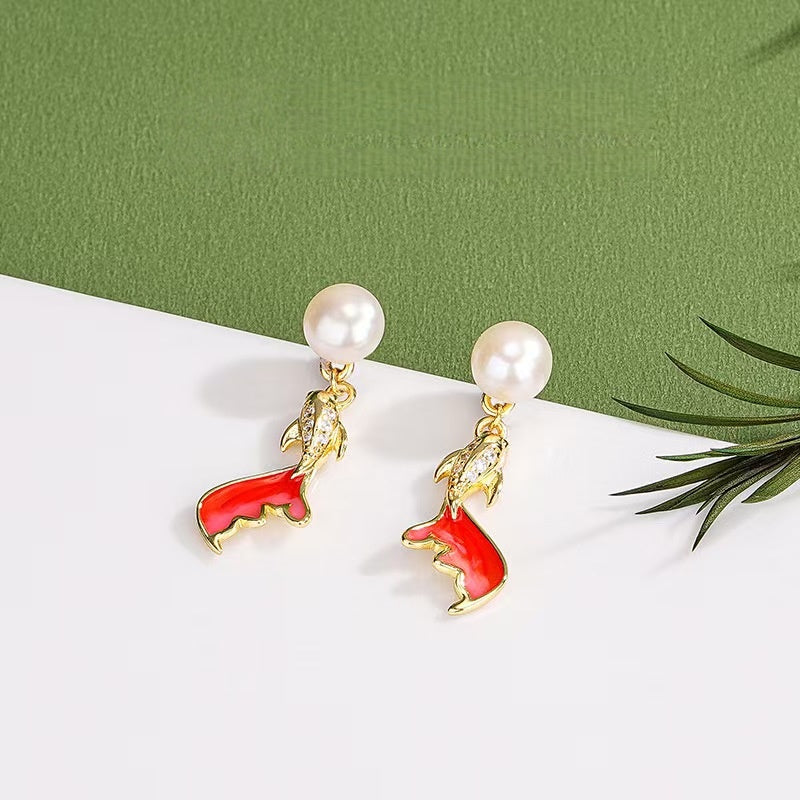 Pearl Koi Fish Drop Earrings – Elegant Gold-Plated Studs with Enamel & Crystals