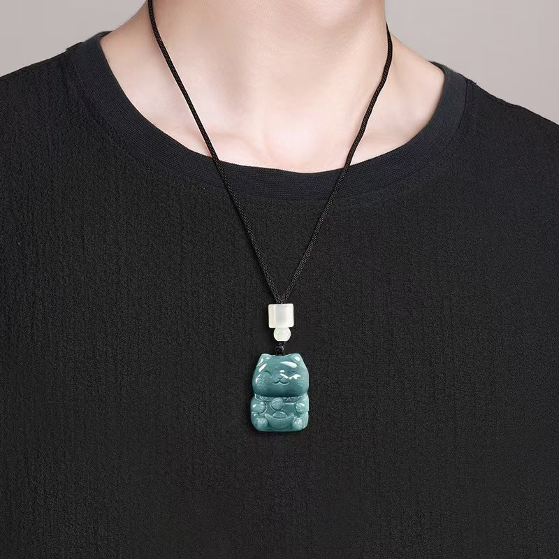 Blue Jade Wealth Cat Pendant – Prosperity, Fortune & Joy