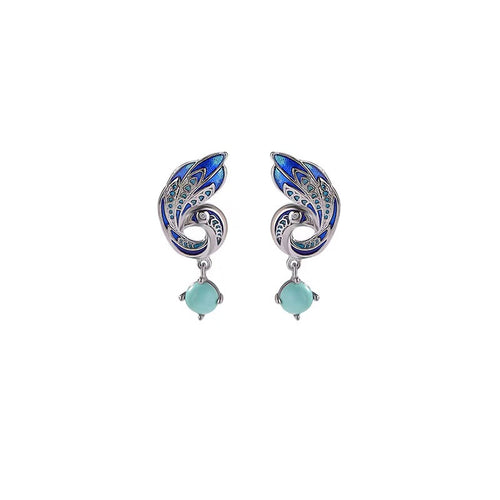 Enamel Phoenix Turquoise Silver Earrings-Protection and Luck