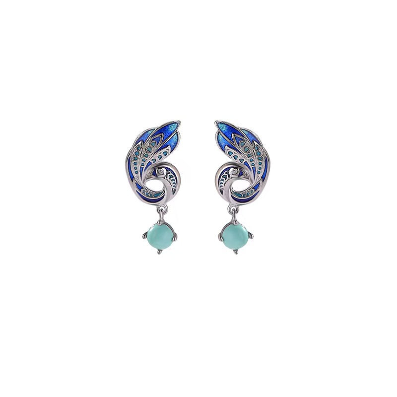 Enamel Phoenix Turquoise Silver Earrings-Protection and Luck