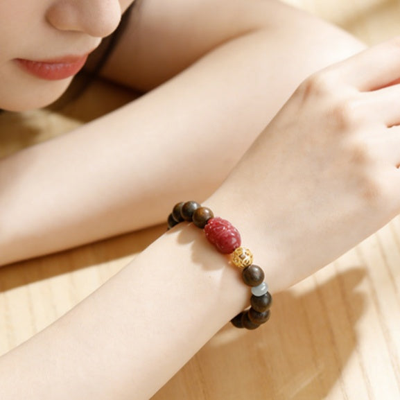 Strawberry Quartz Pixiu Green Sandalwood Bracelet-Verdant Echoes & Crimson Luck