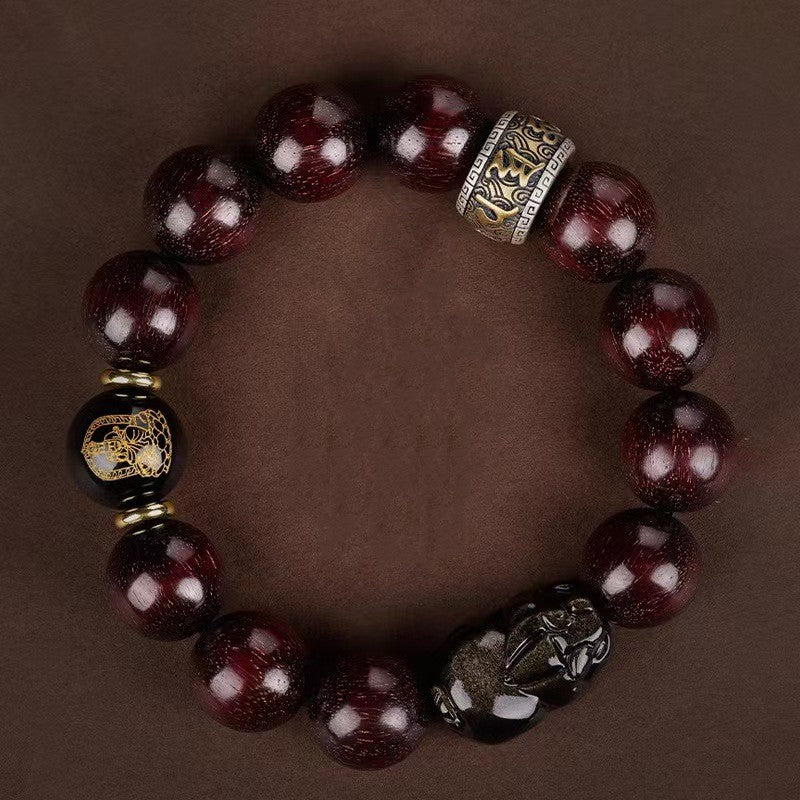 Red Sandalwood Bead Gold Obsidian Pixiu Bracelet -Attract Wealth