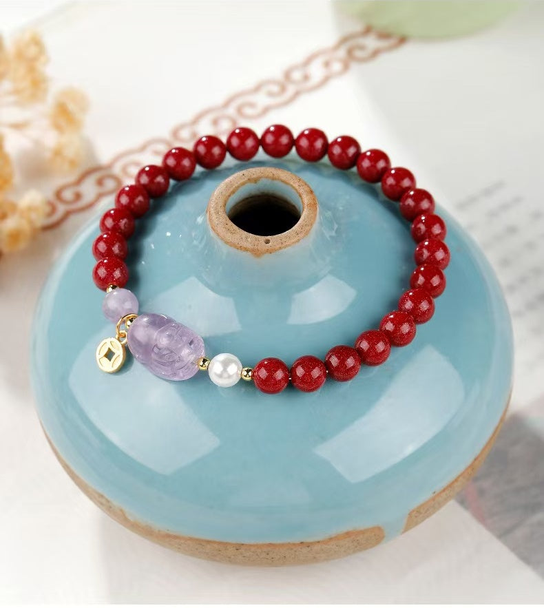 Imperial Amethyst Pixiu & High-Purity Cinnabar Wealth Bracelet