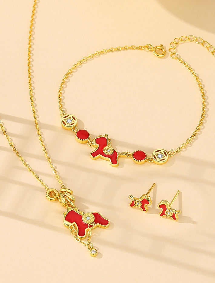 2026 Year of the Horse – Red Enamel “Wish You Wealth” Jewelry Set
