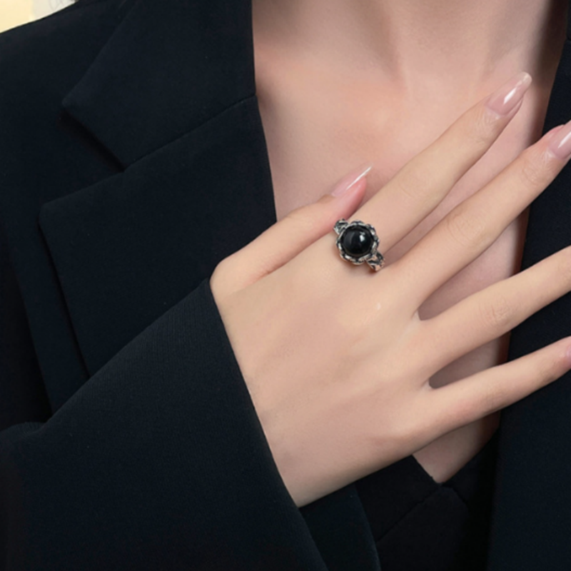 Bold at Heart-Black Agate Silver Ring