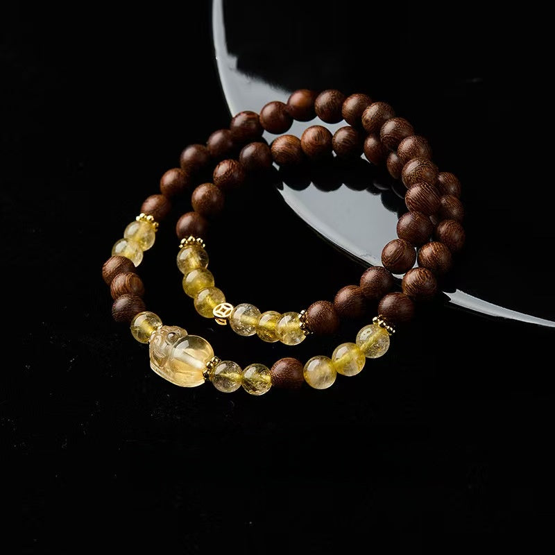 Wisdom Path Rutilated Quartz Pixiu & Sandalwood Abundance Bracelet