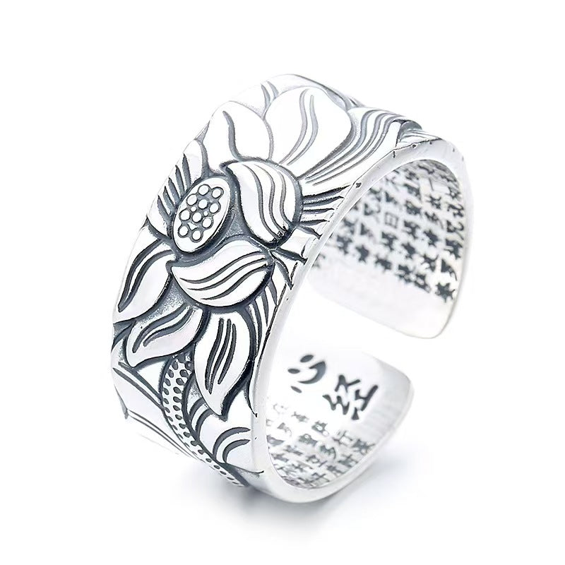 Lucky Lotus Heart Mantra Silver Ring