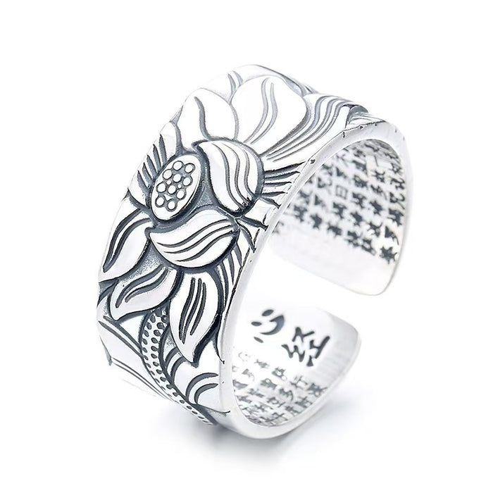 Lucky Lotus Heart Mantra Silver Ring