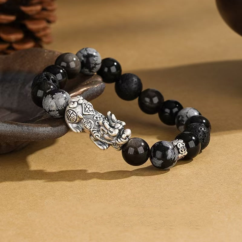 Guardian Flow Pixiu Obsidian & Lava Stone Silver Bracelet
