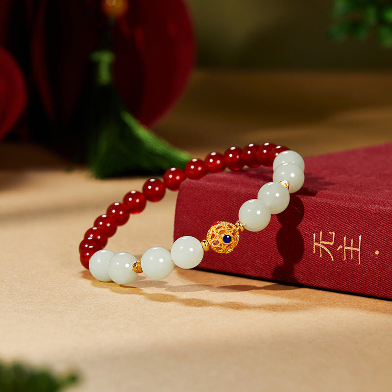 999 Silver Fortune Bead Red Agate Bracelet-Balanced Contrast