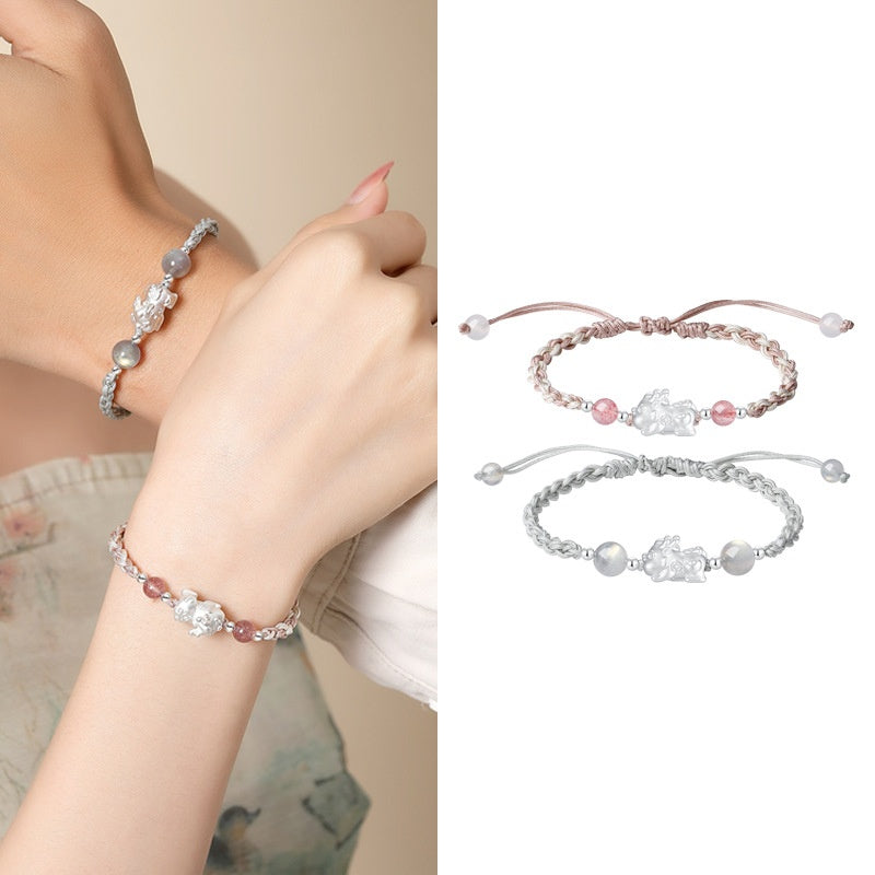 Pixiu Strawberry Quartz Grey Moonstone Couple Cord Bracelet-Joyful Blessing
