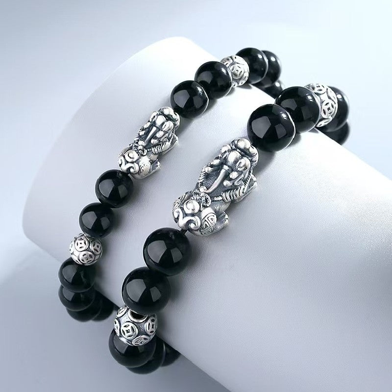 999 Silver Pixiu Black Obsidian Couple Bracelet-Protection and Wealth