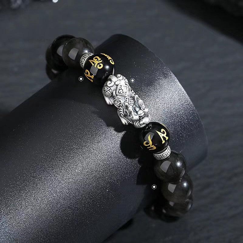 999 Silver Pixiu Black Obsidian Bracelet-Attract Luck