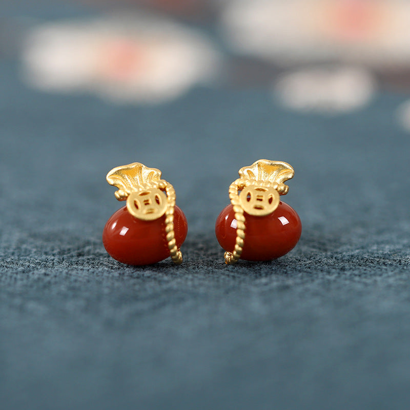 Fortune Pouch Gemstone Stud Earrings-Good Wishes Held Close