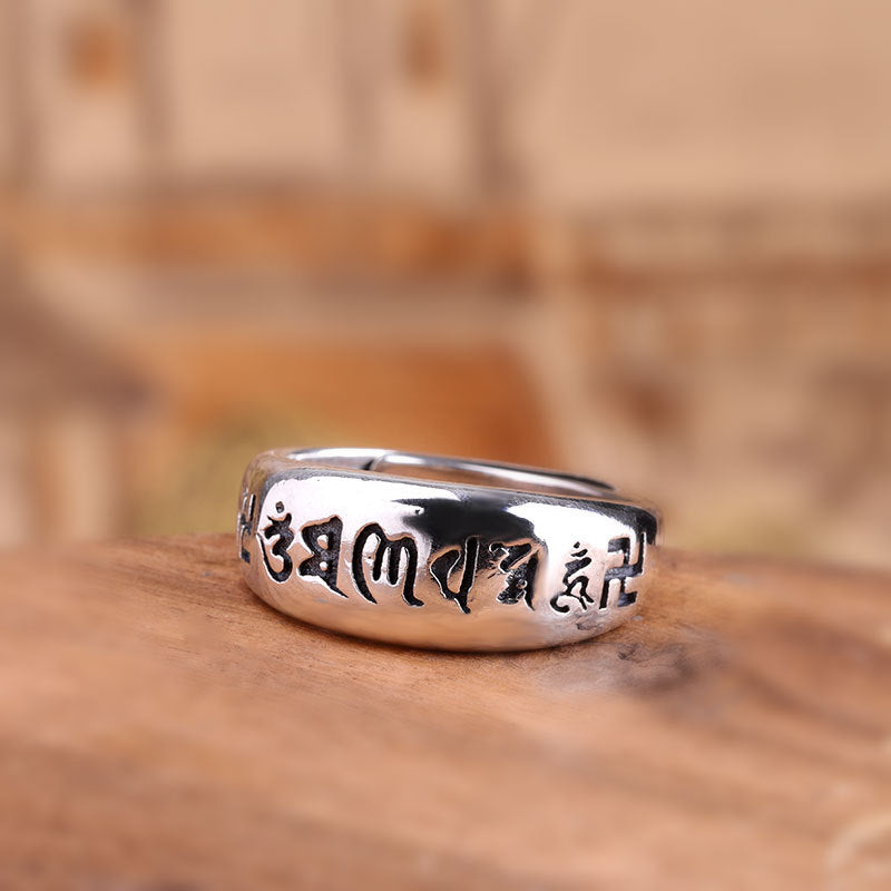 925 Sterling Silver Open Ring – Women’s Thai Silver Vintage Band with Six True Words Mantra