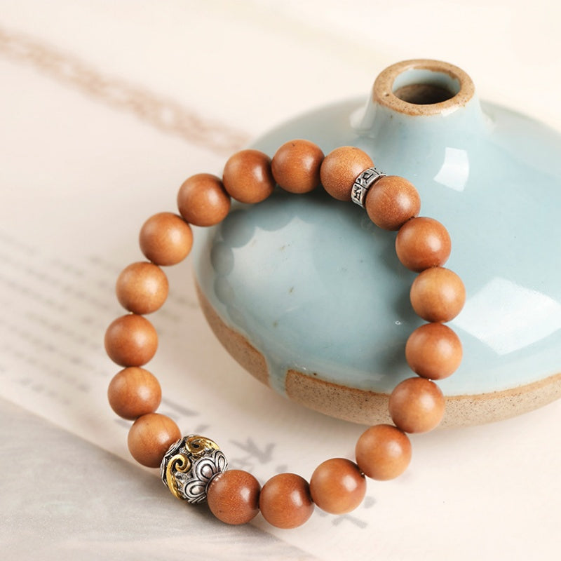 Silver-Plated Auspicious Cloud & Six True Words Sandalwood Bracelet-Grounded Intention