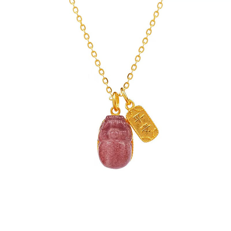 Strawberry Quartz Pixiu & Peace Amulet Pendant Necklace -Attract Luck& Peace