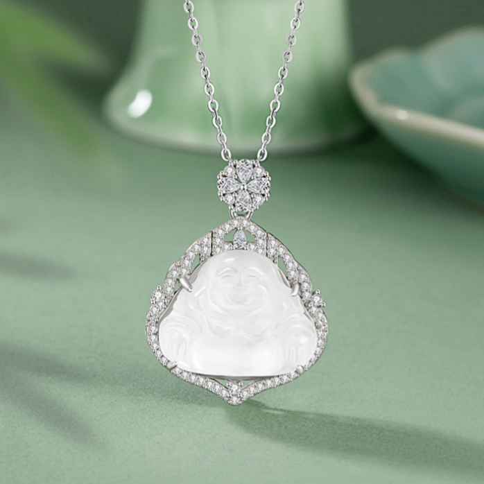 Laughing Buddha White Jade Necklace-Peace & Happiness