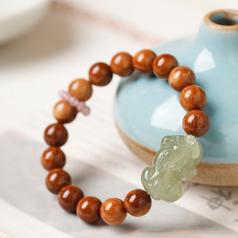 Hand-Carved Hetian Jade Pixiu Babassu Bead Bracelet-Quiet Prosperity