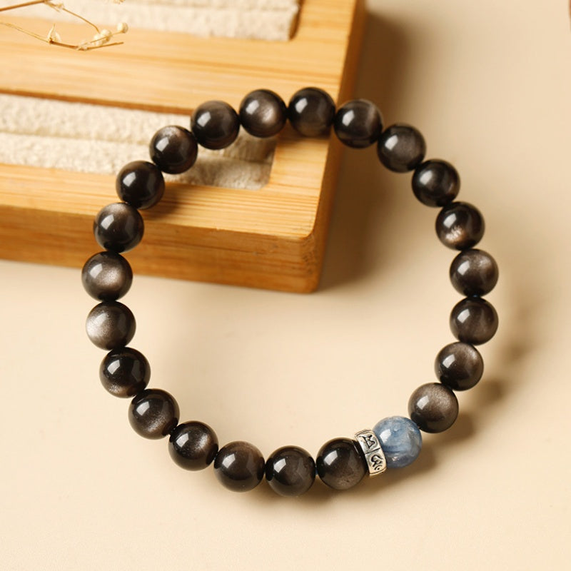 Centered Focus-Silver Obsidian Six-Character Mantra Bracelet