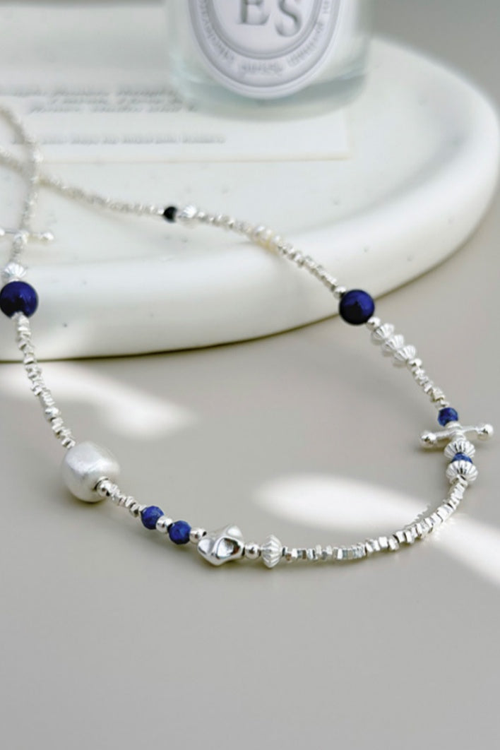 Lapis Lazuli Freshwater Pearl Silver Necklace-Starry Hymn