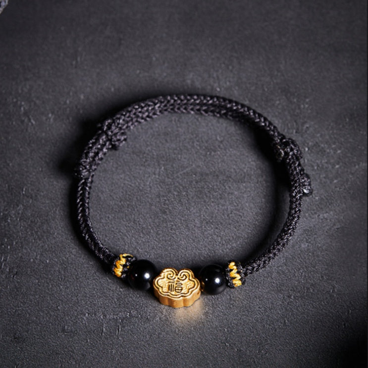 999 Sterling Silver & Obsidian Fortune Bracelet – Handmade Lucky Ruyi Knot Design