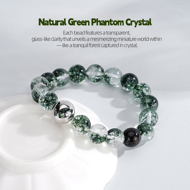 Green Phantom Quartz Bracelet with 925 Silver Butterfly – Crystal of Clarity, Growth & Good Fortune