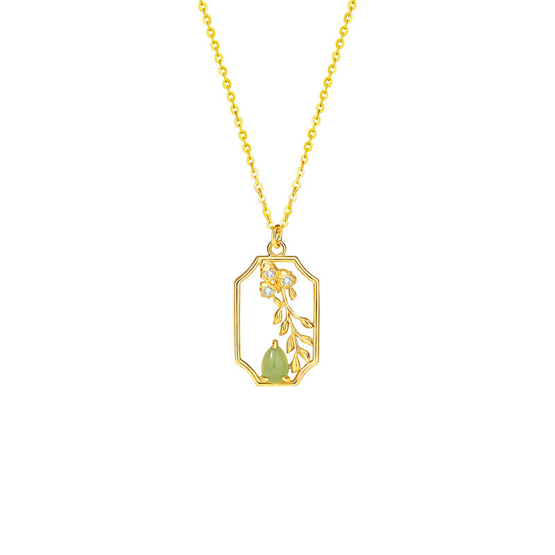 Fortune in Bloom-Floral & Gourd Green Jade Necklace